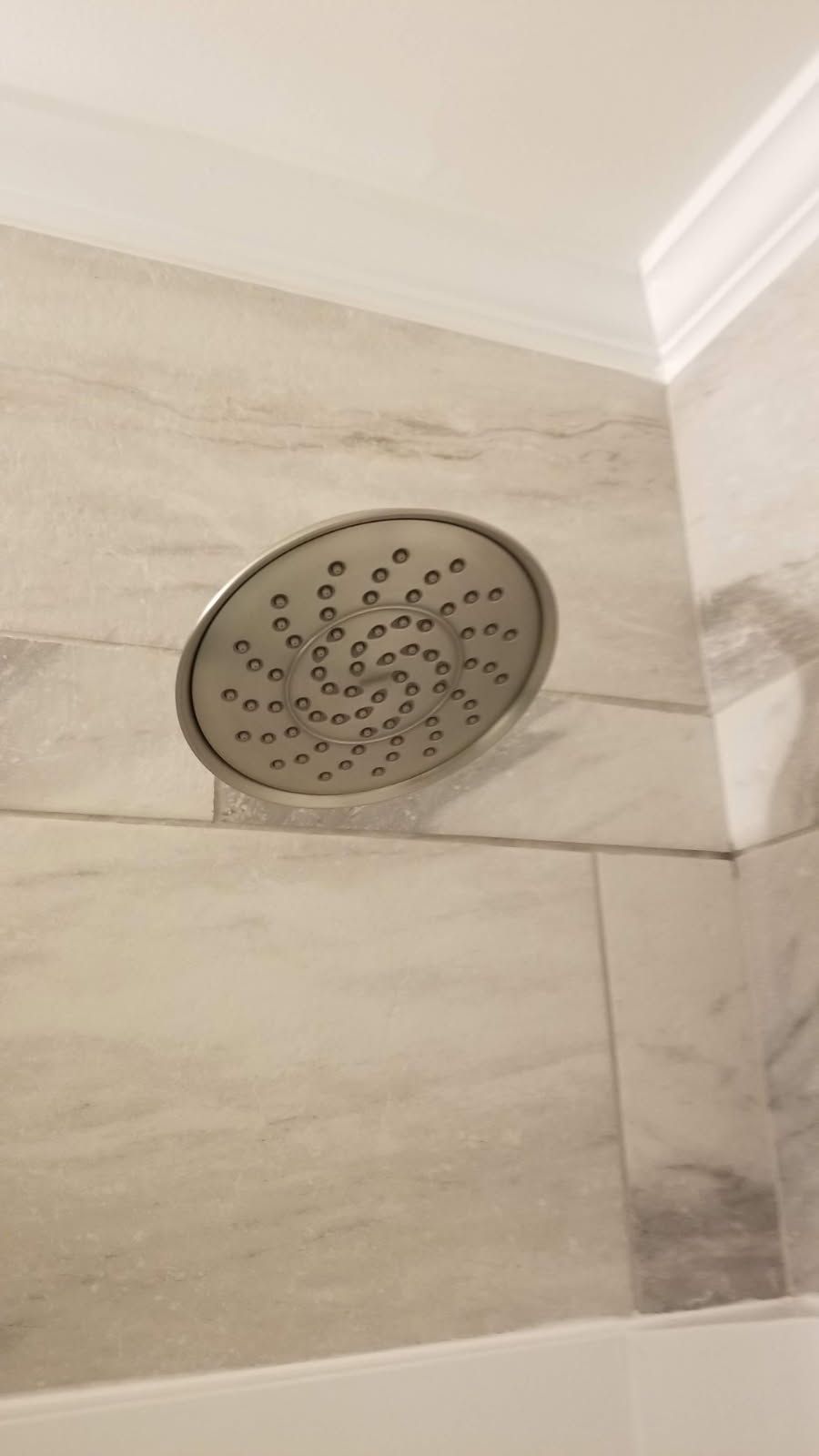 Oval silver shower head on a tiled wall.