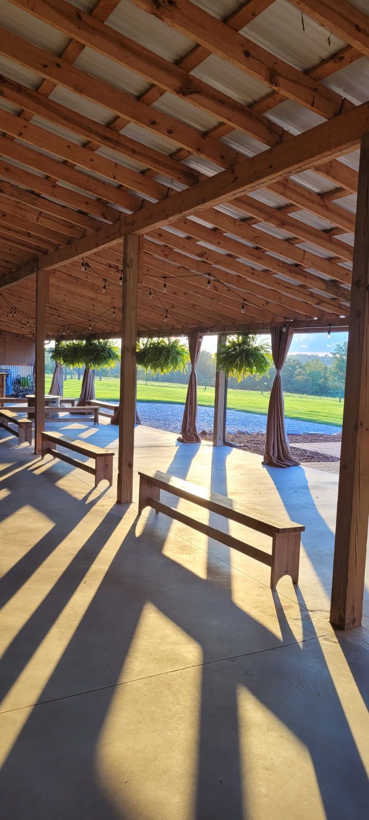 Covered patio with benches, wooden beams, and hanging greenery. Long shadows on the concrete floor.