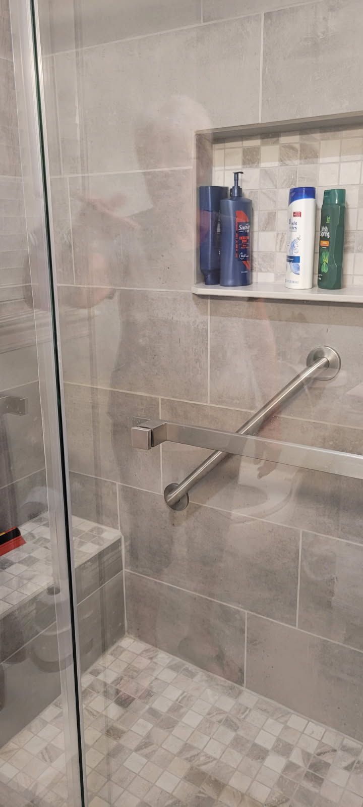 A shower with gray tiled walls and a glass door. Soap bottles sit in a built-in shelf, a grab bar is installed.