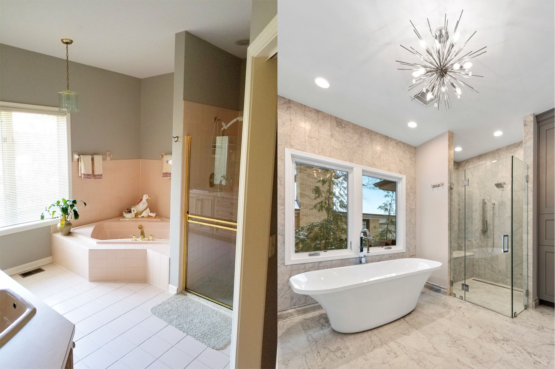 Two spa-like bathrooms: one with a soaking tub, one with a freestanding tub and glass shower.