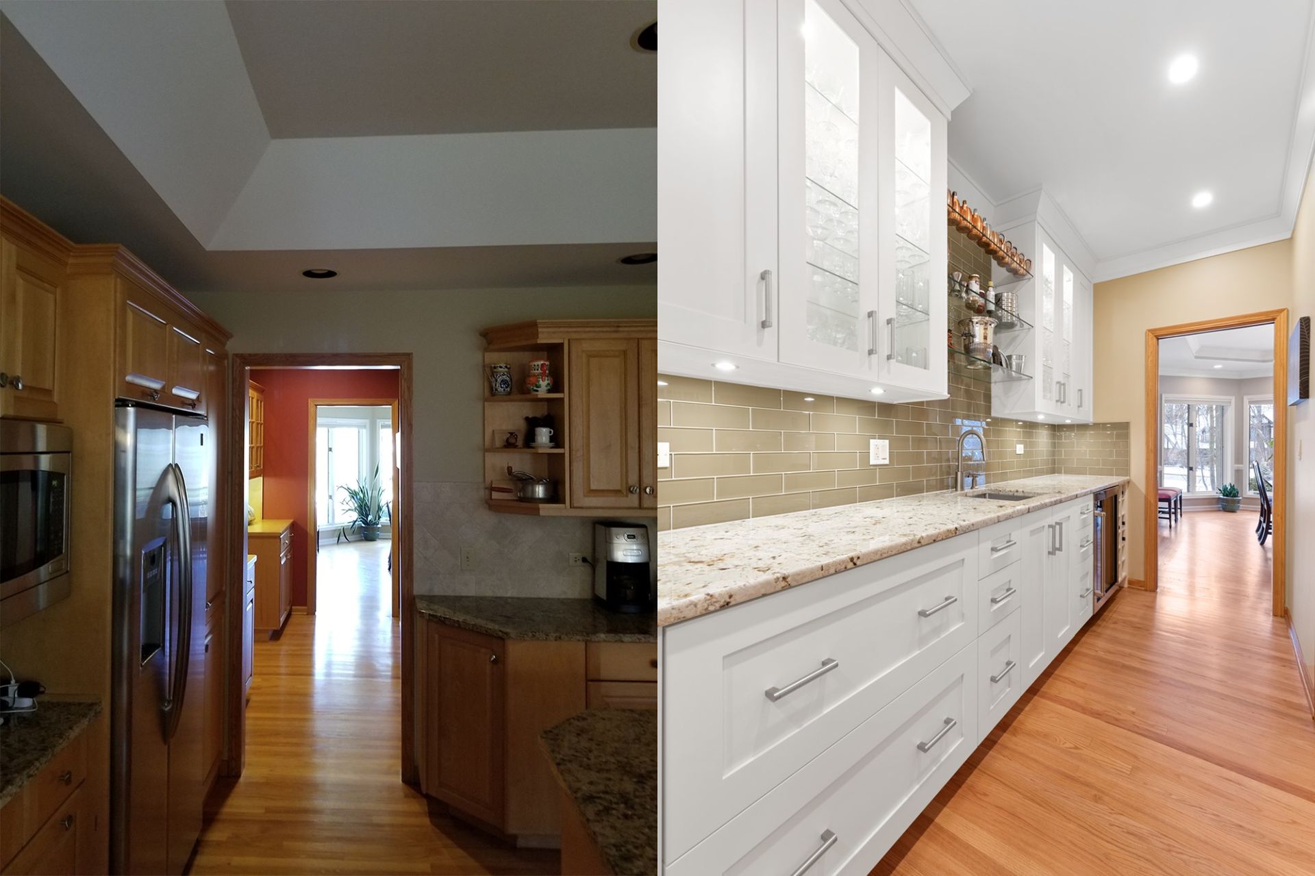 Bright kitchen with wood floors, white cabinetry, granite counters, and a stainless steel refrigerator and oven.
