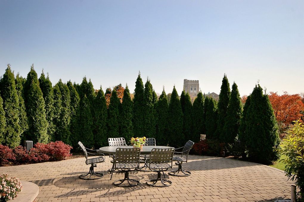 Outdoor patio with metal table and chairs, surrounded by tall green hedges and colorful shrubs under a clear sky