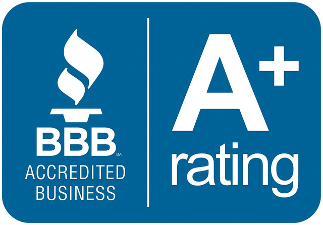 A blue sign that says bbb accredited business and a+ rating
