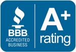 A blue sign that says bbb accredited business and a+ rating