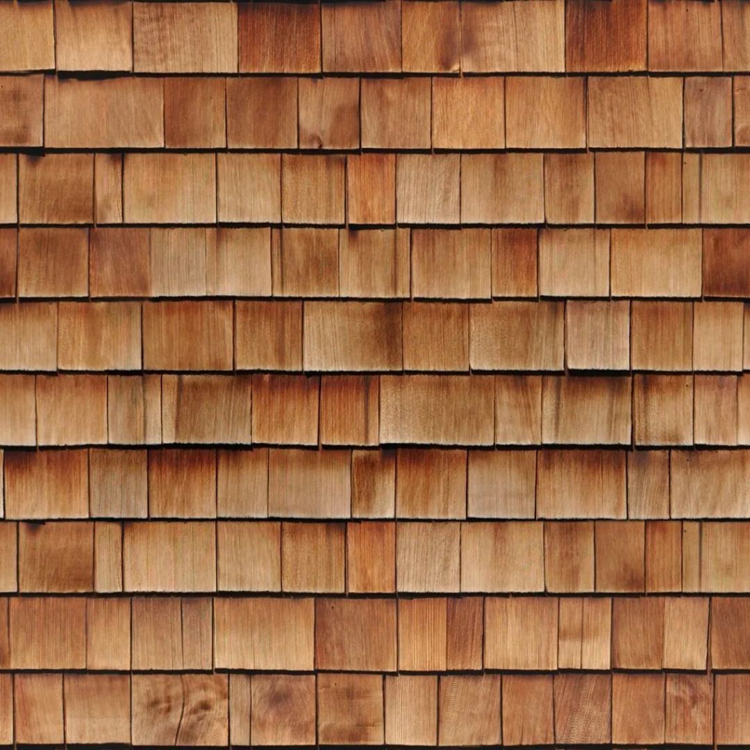 A close up of a wooden shingle roof