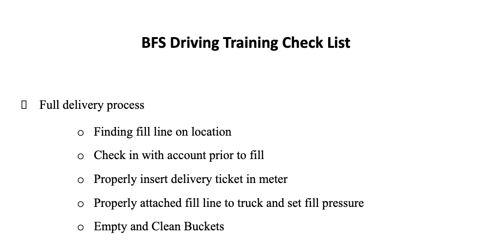 A checklist for bfs driving training is shown on a white background.