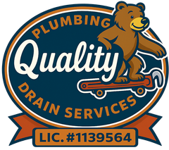 Logo for Quality Plumbing Drain Services featuring a brown bear riding a wrench skateboard