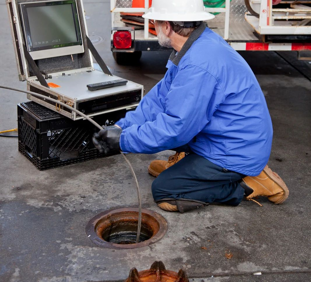 Man in blue jacket and hard hat inspects sewer with camera on a monitor.