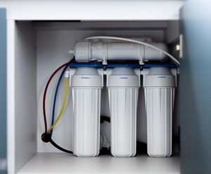 Water filtration system installed in a cabinet; three white filter housings with connecting tubes.