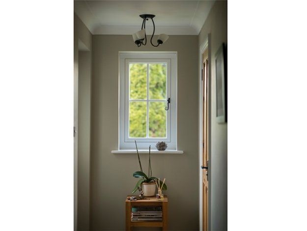 There is a potted plant on a table in front of a window.