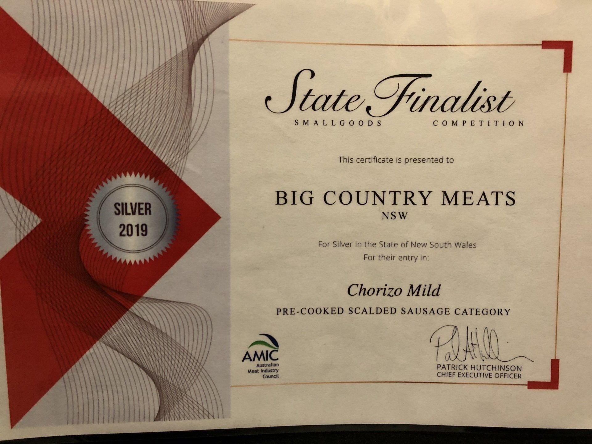 Silver in the 2019 State Smallgoods Competition for Chorizo