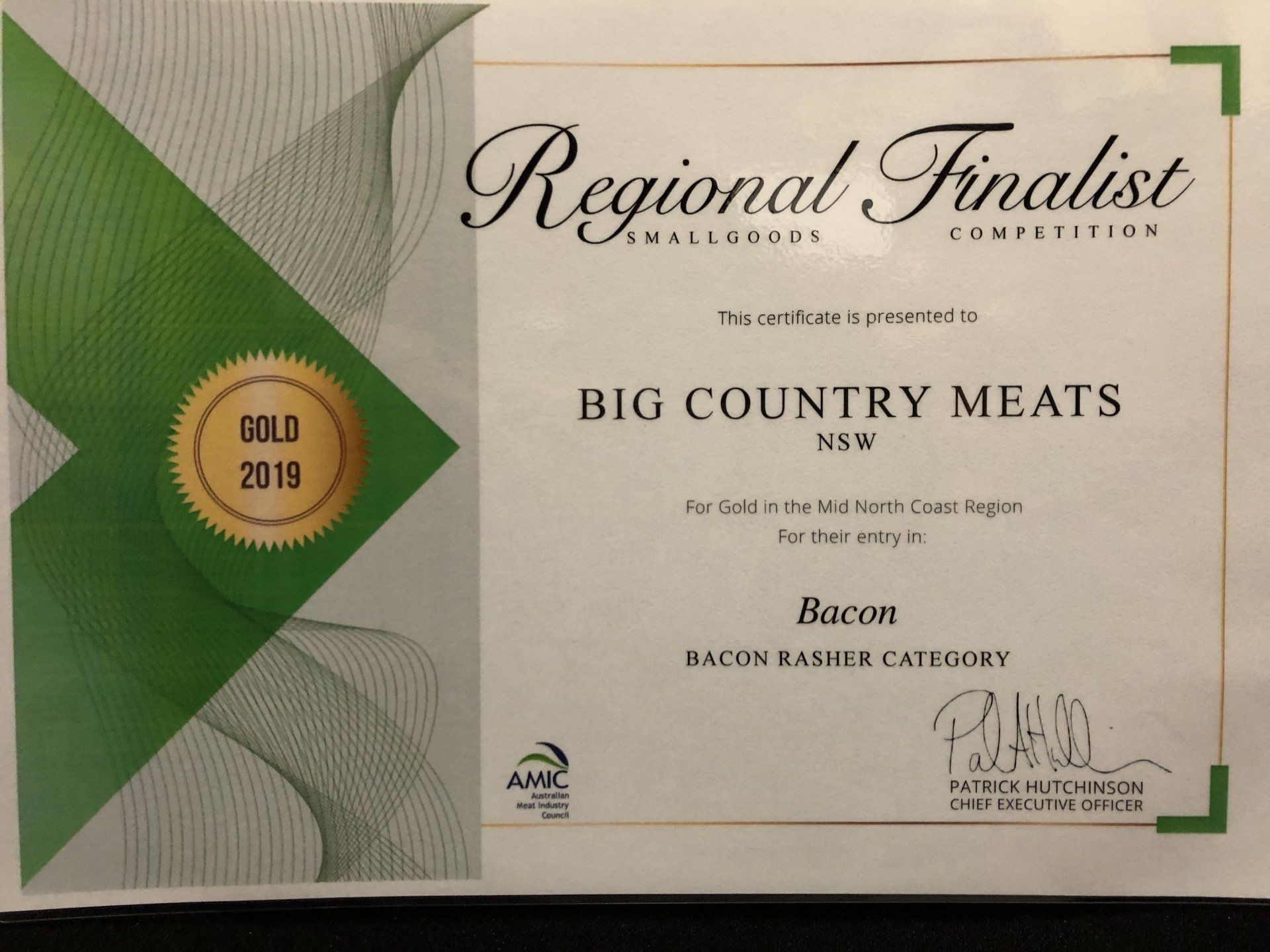 Gold in the 2019 Regional Smallgoods Competition for Bacon