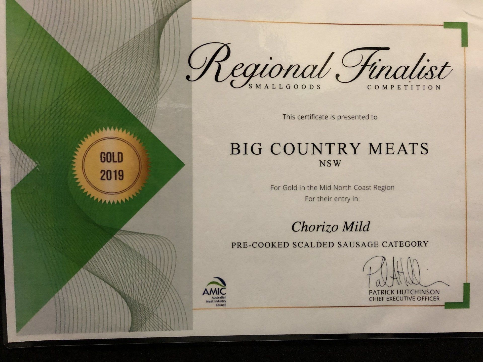 Gold in the 2019 Regional Smallgoods Competition for Chorizo Mild