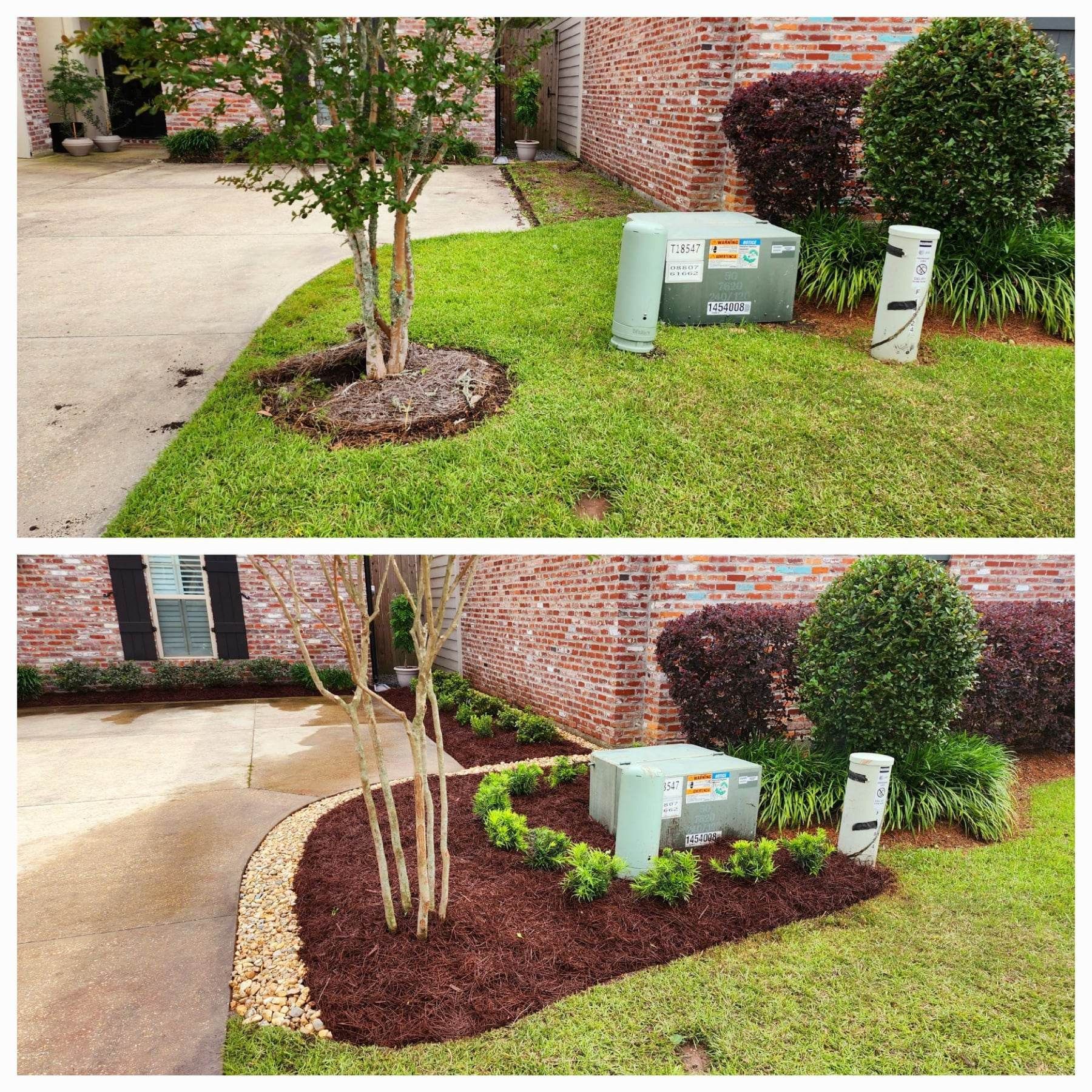 A before and after picture of a lawn with a brick house in the background.