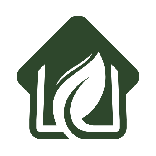 Green leaf-shaped logo with a wooden structure inside. White accents separate the leaf and the structure.