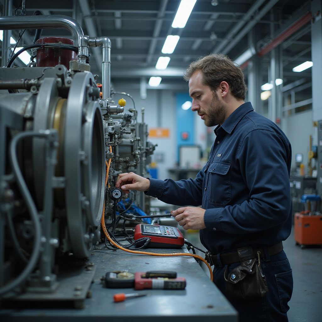 Mechanic inspecting machinery in a factory. He's wearing a blue shirt and using tools with a multimeter nearby.