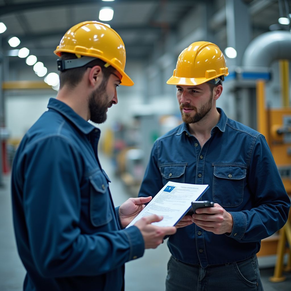 Two construction workers in yellow hard hats review a document and phone in a factory.