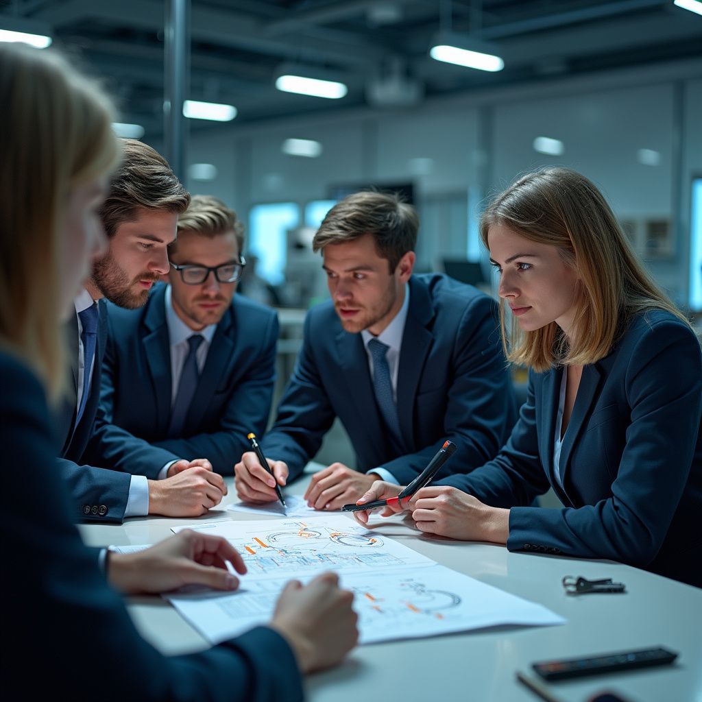 Business team in suits looking at a document, discussing. Modern office setting.