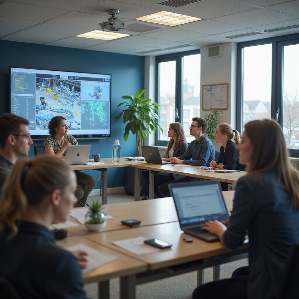 Group of people in a meeting room with a large screen displaying data, laptops on the table.
