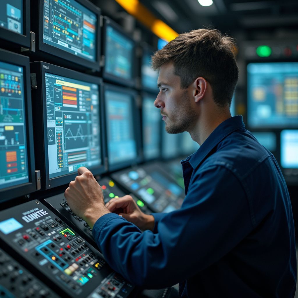Man in a blue shirt operating controls in a control room, surrounded by monitors.
