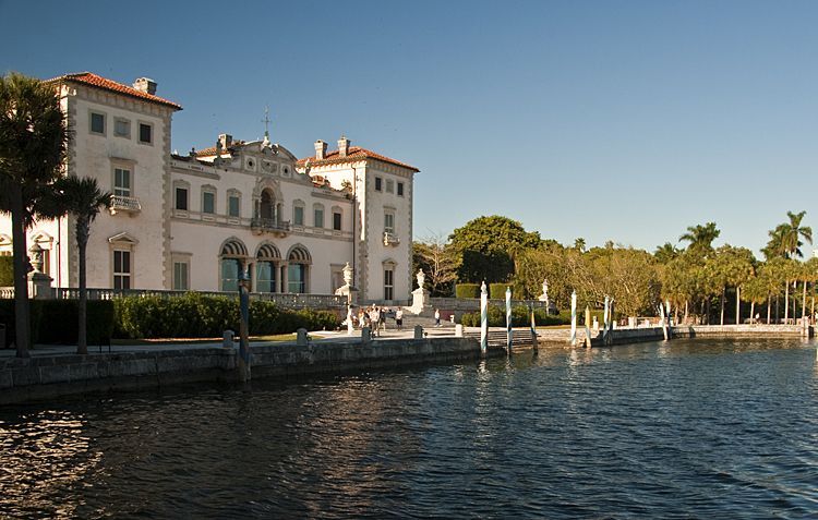 Waterfront view of Vizcaya Museum and Gardens, a historic mansion in Miami, Florida.