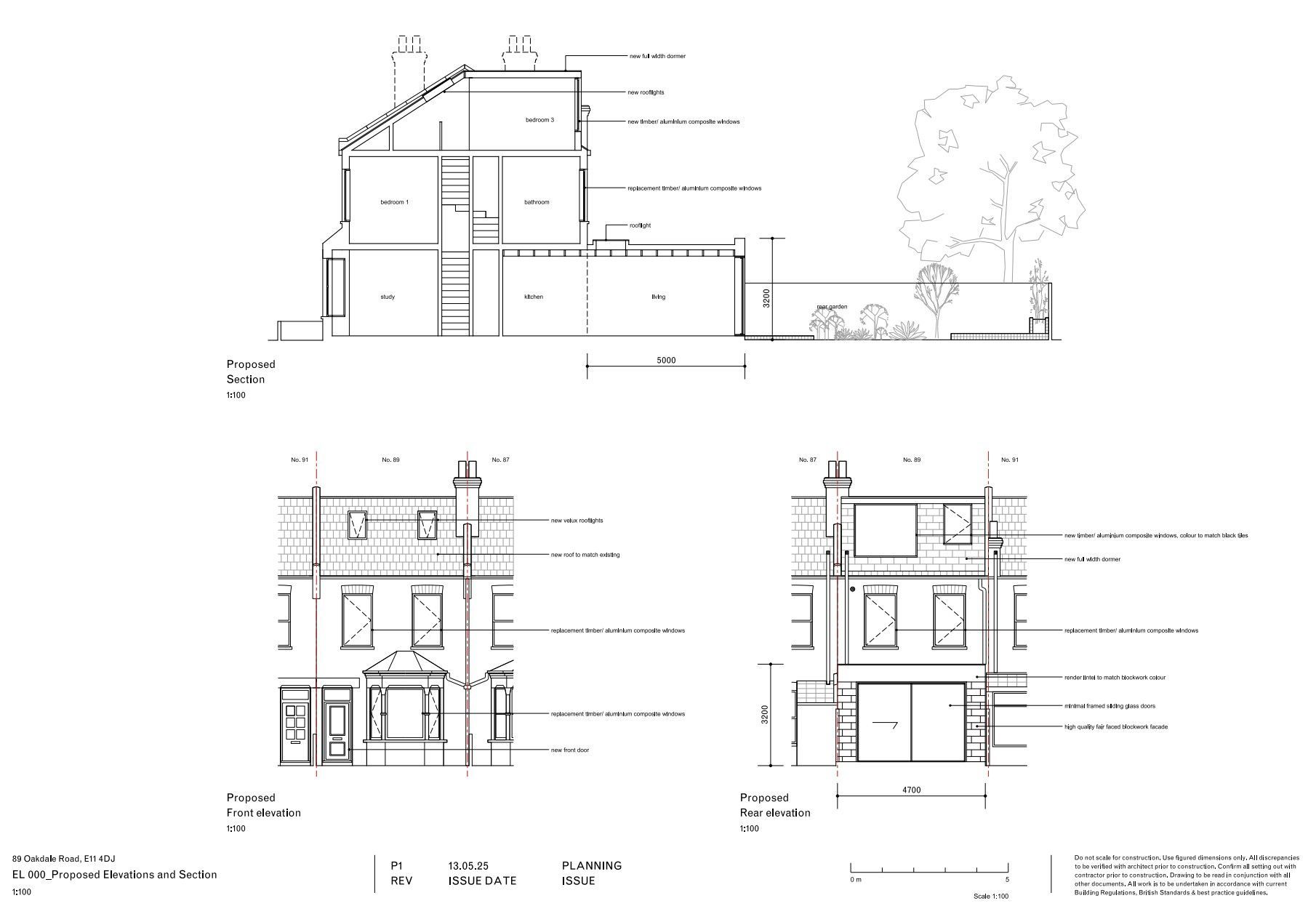 Planning drawings: section and elevation of a house in Leytonstone, London. Armstrong Campbell.