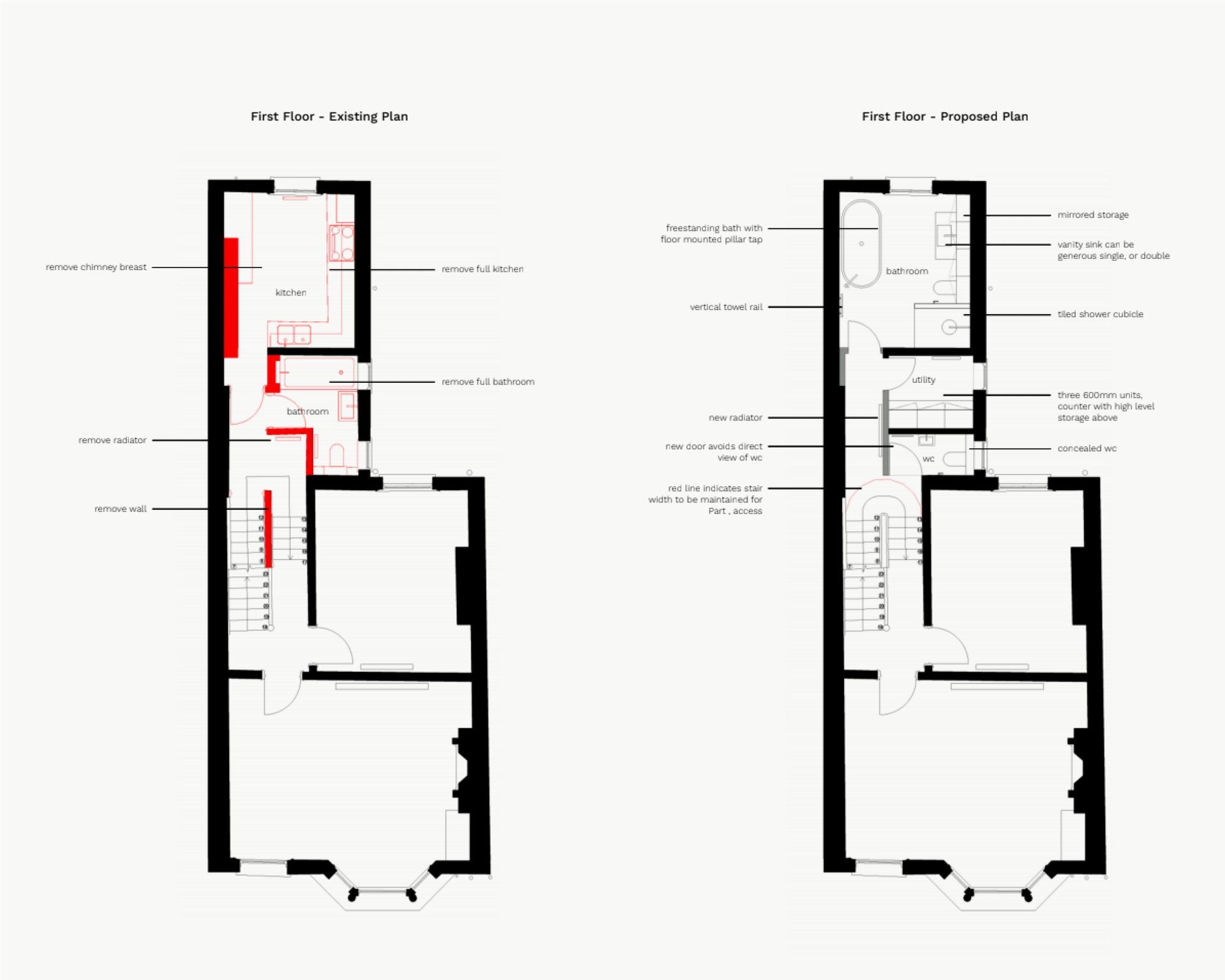 Floor plan showing a victorian terrace. house concept design plan layouts. Second floor has a bathroom and other rooms.