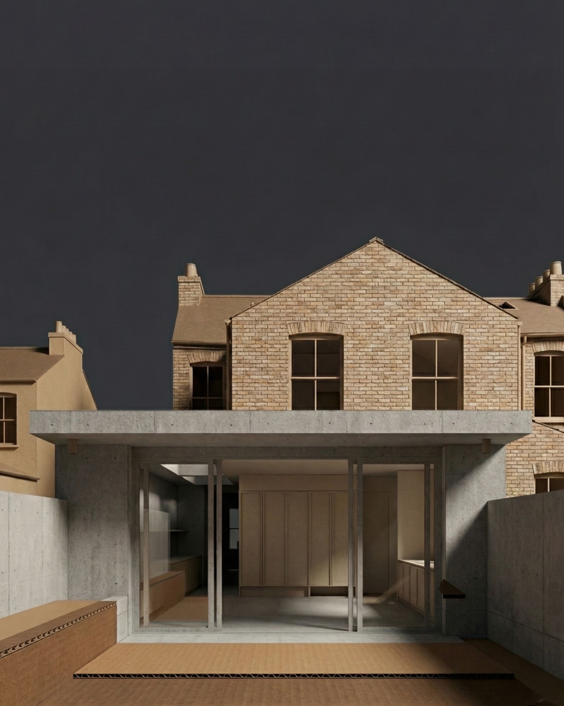 Modern home extension with a concrete roof and glass walls, in front of a stone building, under a dark sky.