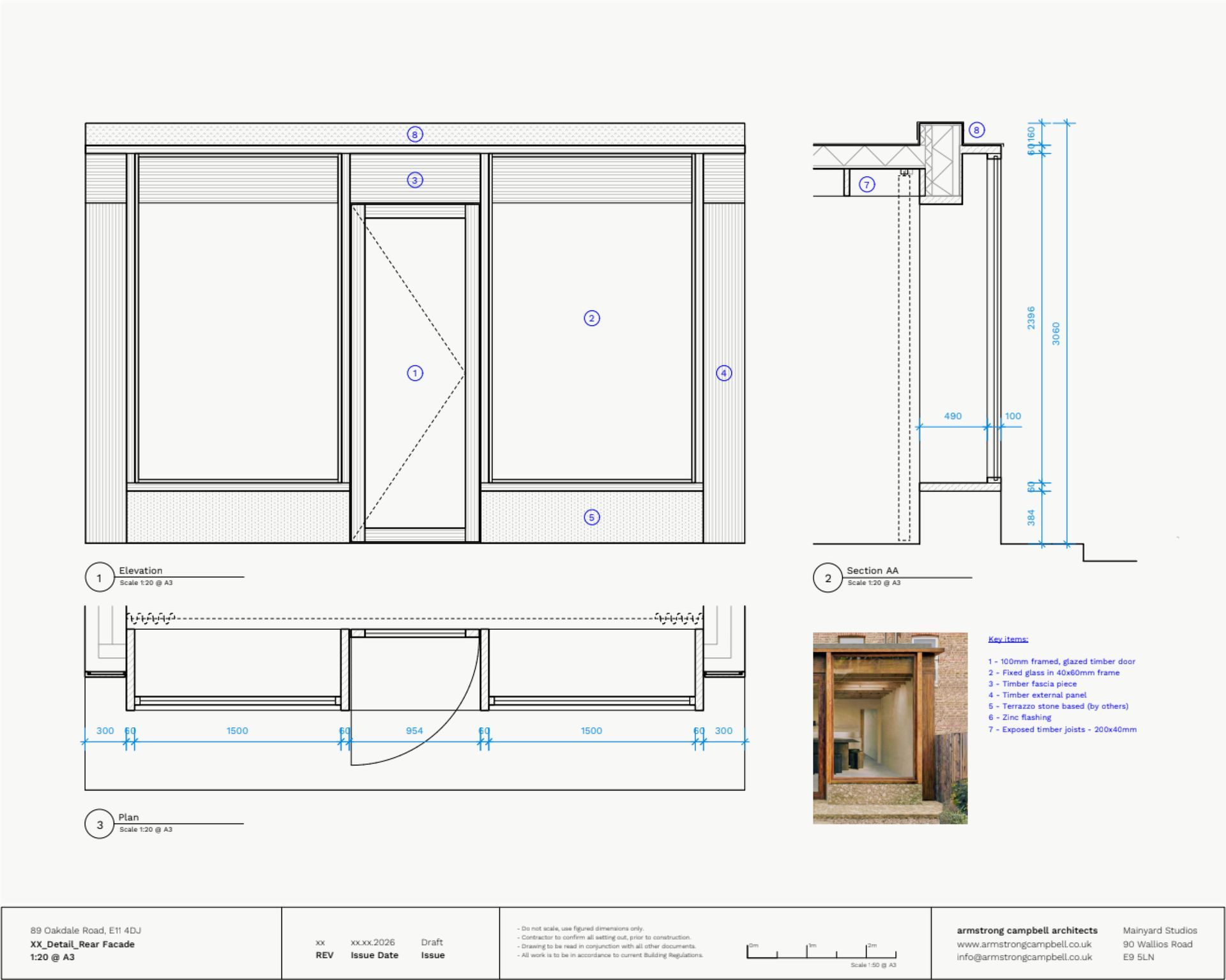 Architectural drawing of a storefront with windows, door, and dimension details, and a photograph of a building entry.