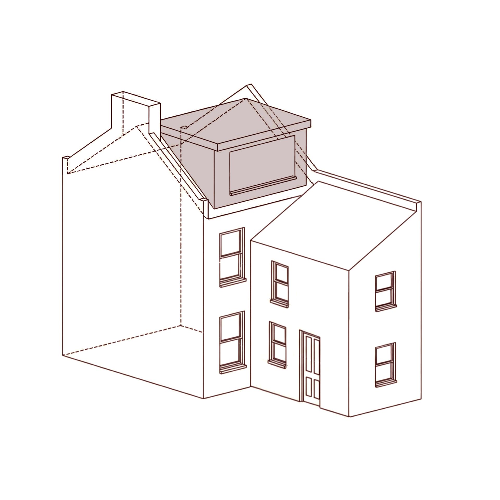 Isometric drawing of two connected buildings with a gray dormer on top.