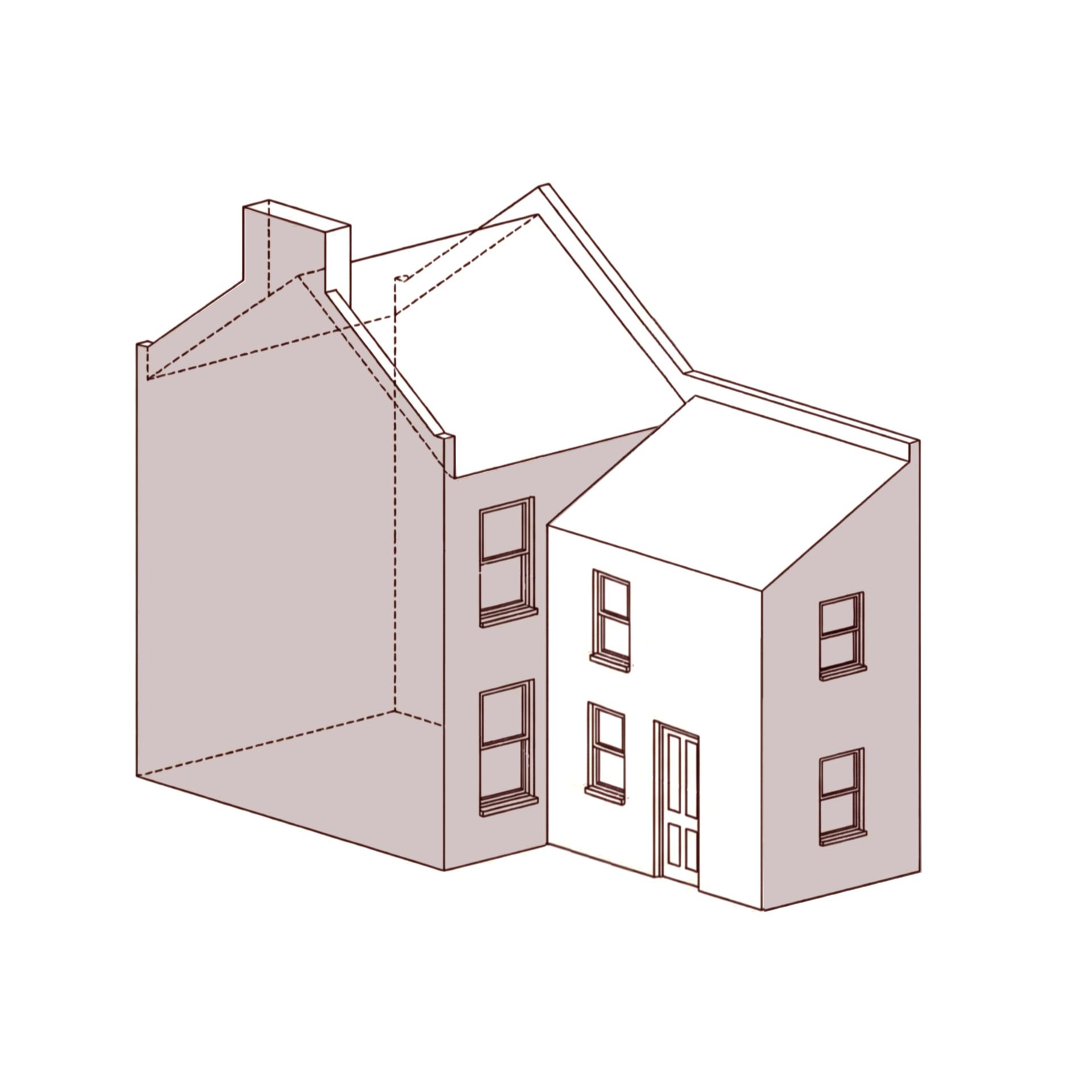 Isometric diagram of a two-story house with an attached smaller extension, outlined in brown.