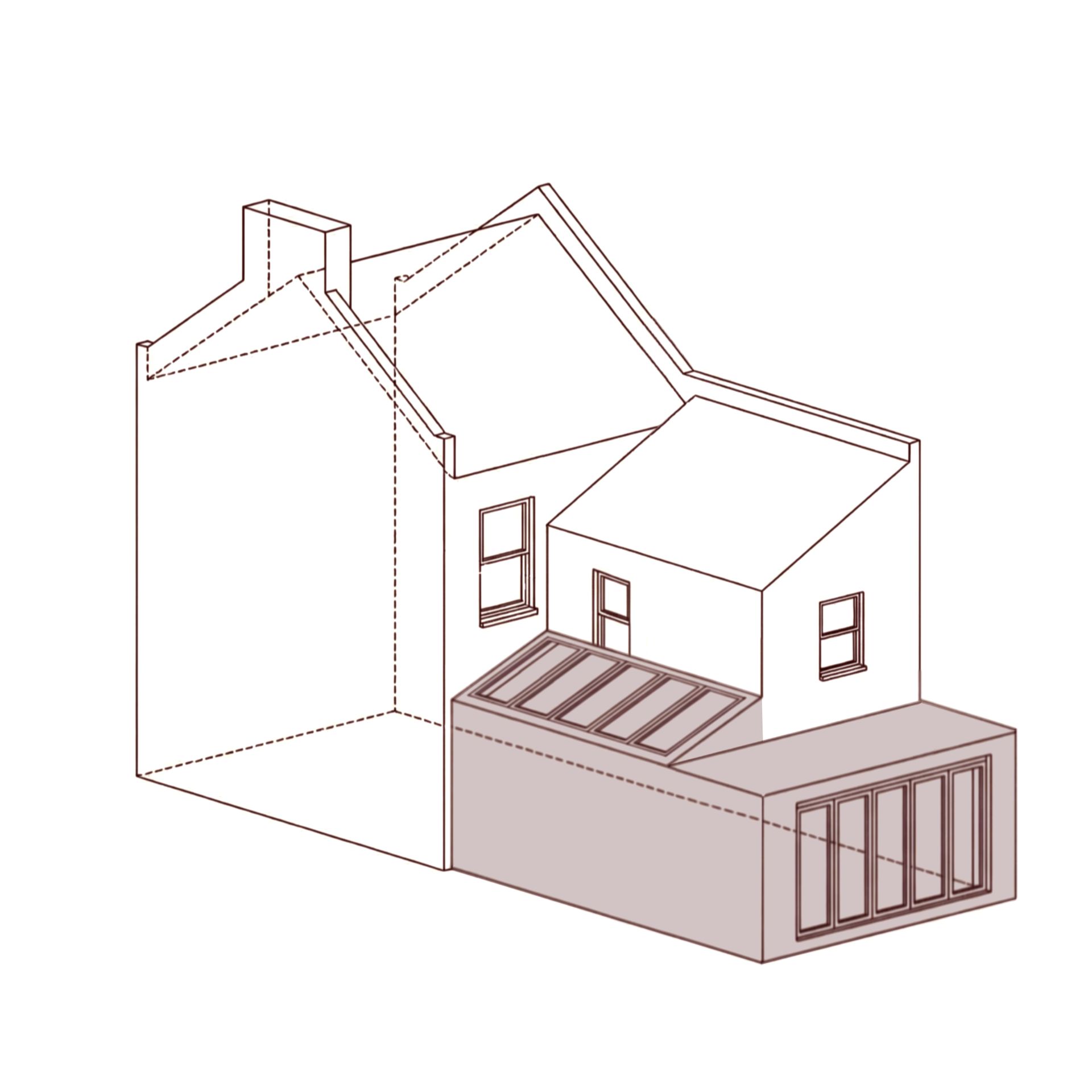Isometric architectural drawing of a house with a modern extension. The extension is in a light shade.