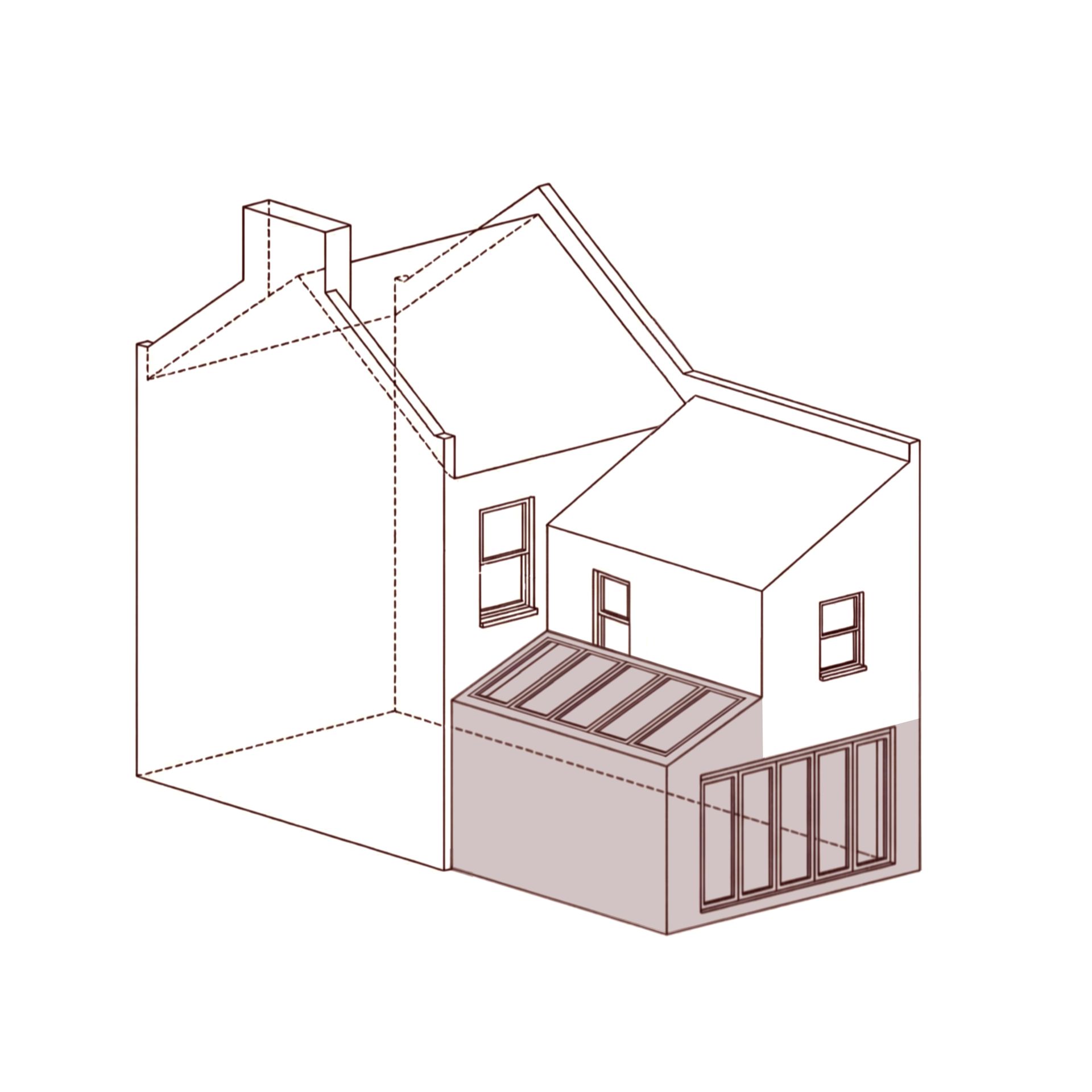 Isometric view of a house extension design, light grey with glass roof and doors, adjacent to an older building.