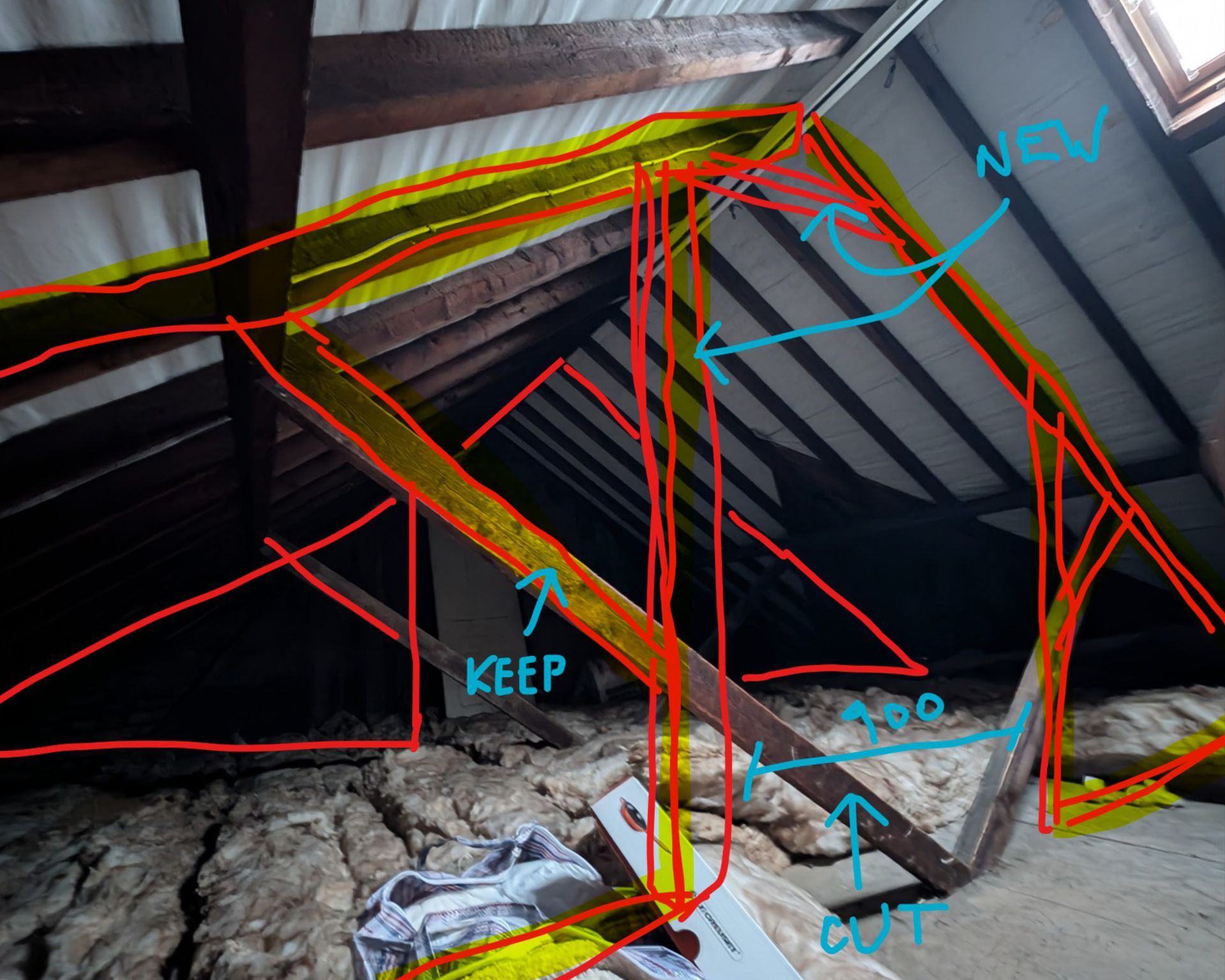 An attic interior with red and yellow annotations, showing structural beams and suggesting areas to cut or keep.