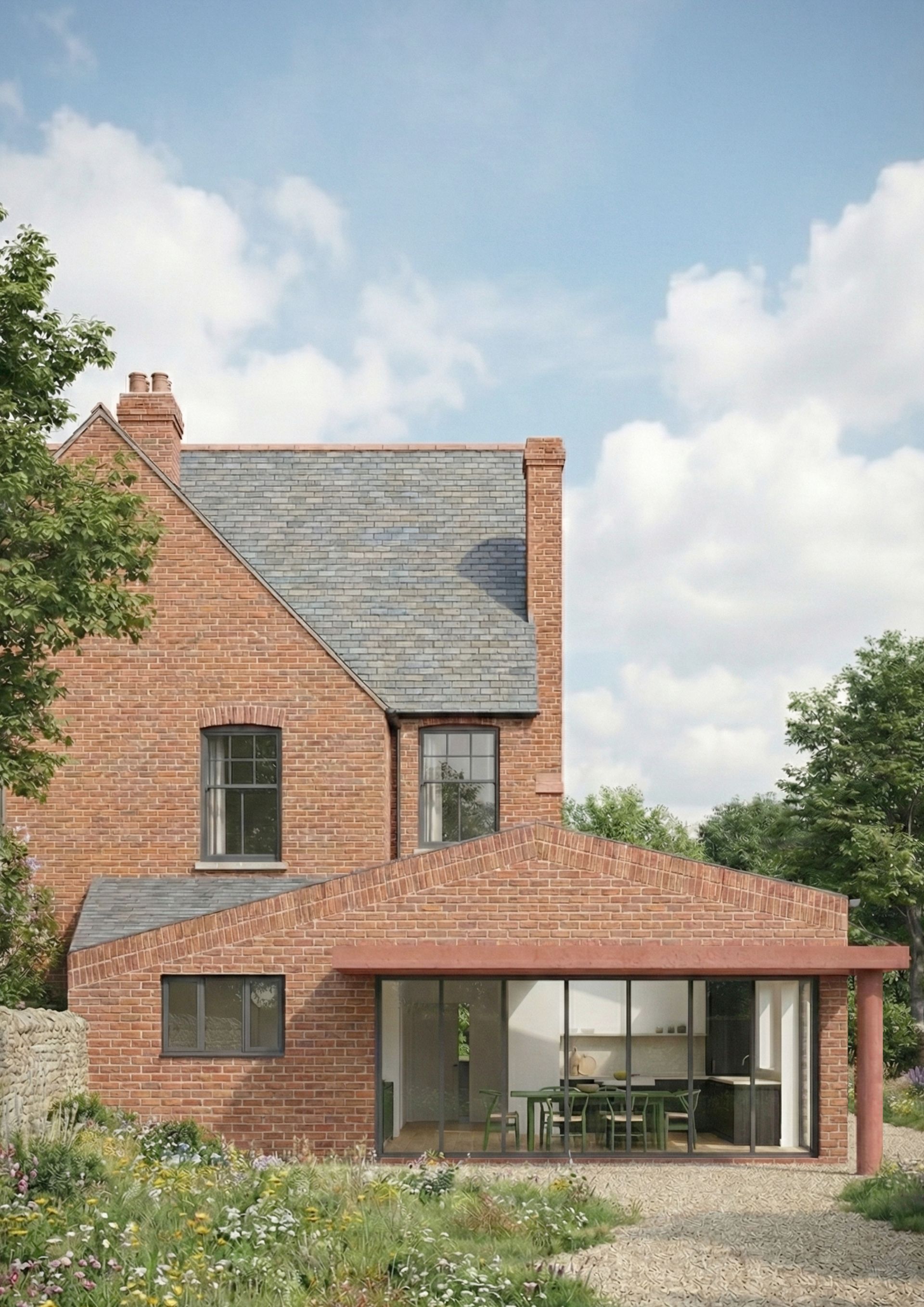 armstrong campbell architects extension in burghfield common, berkshire in red brick and pigmented red concrete
