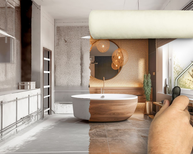 Bathroom design before and after. Hand holding paint roller transforming the space, showing a half-finished renovation.