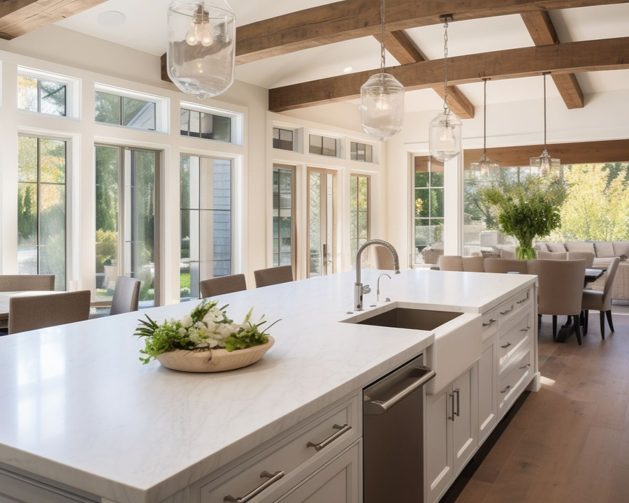 Spacious kitchen with white island and sink, large windows, wooden beams, dining area visible.