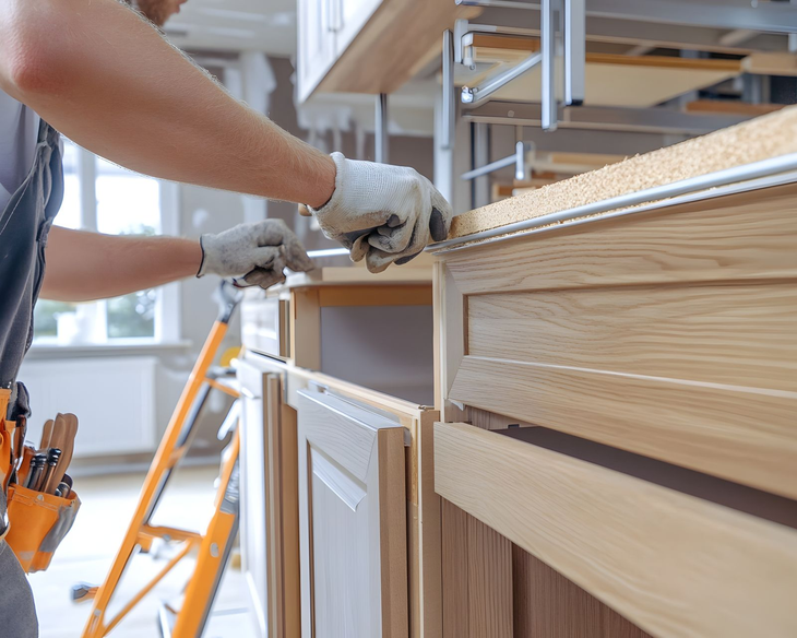 Person installing kitchen cabinets, wearing gloves, in a room with a stepladder.