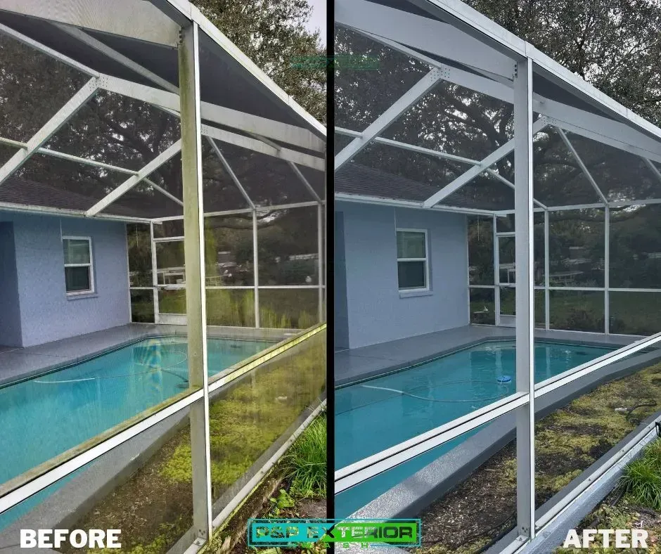 A before and after picture of a screened in pool area