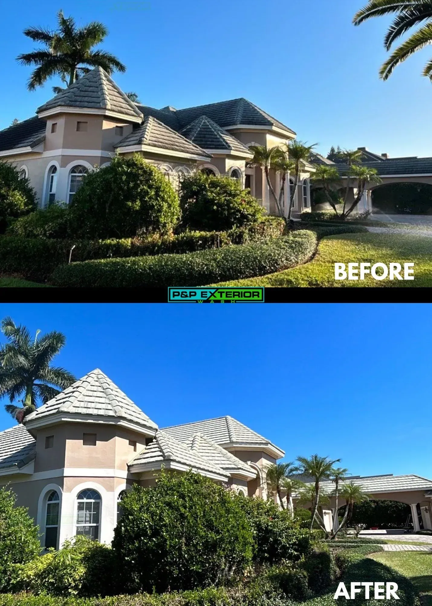 A before and after picture of a house with palm trees