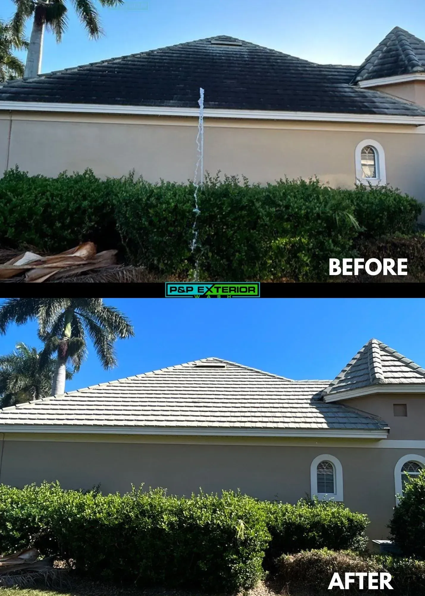 A before and after photo of a house roof