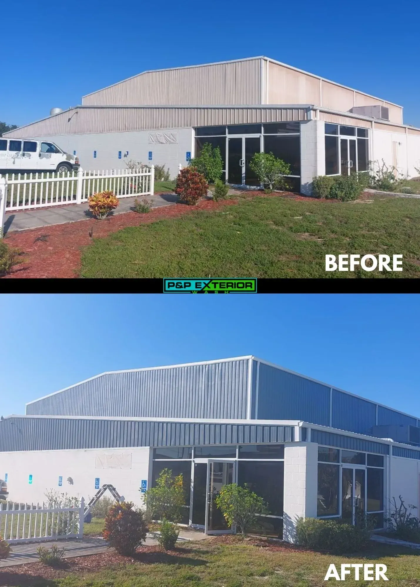 A before and after photo of a large building