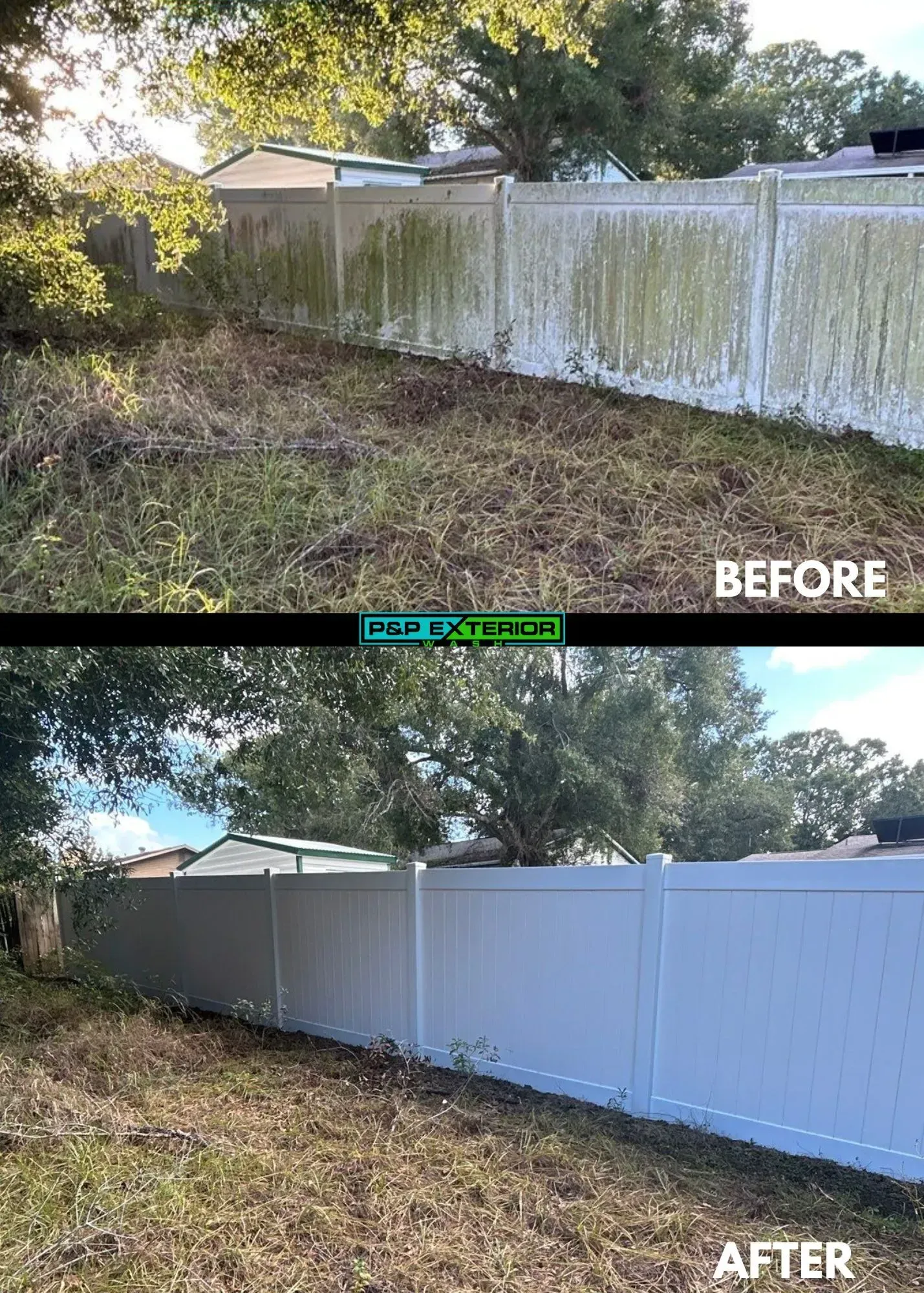 A before and after picture of a white vinyl fence.