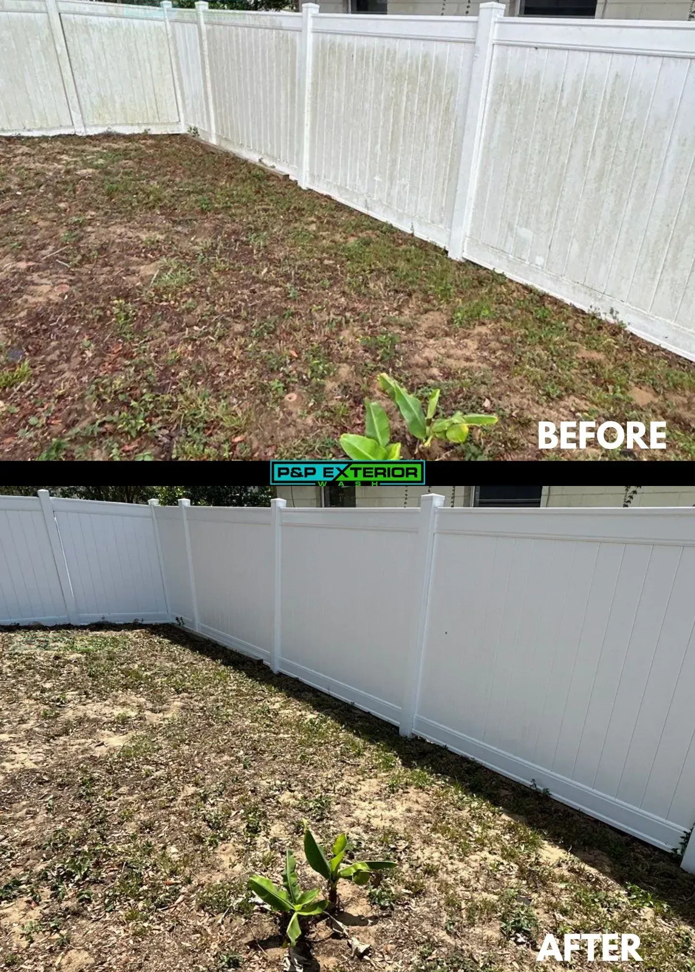 A before and after photo of a white fence and a lawn.
