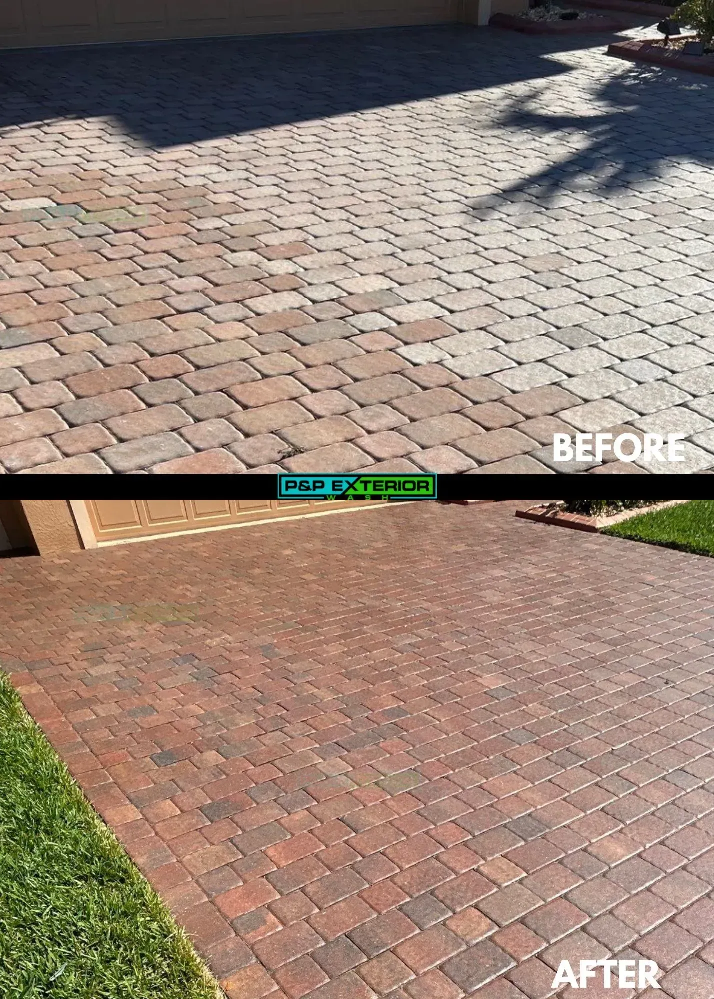 A before and after photo of a brick driveway.