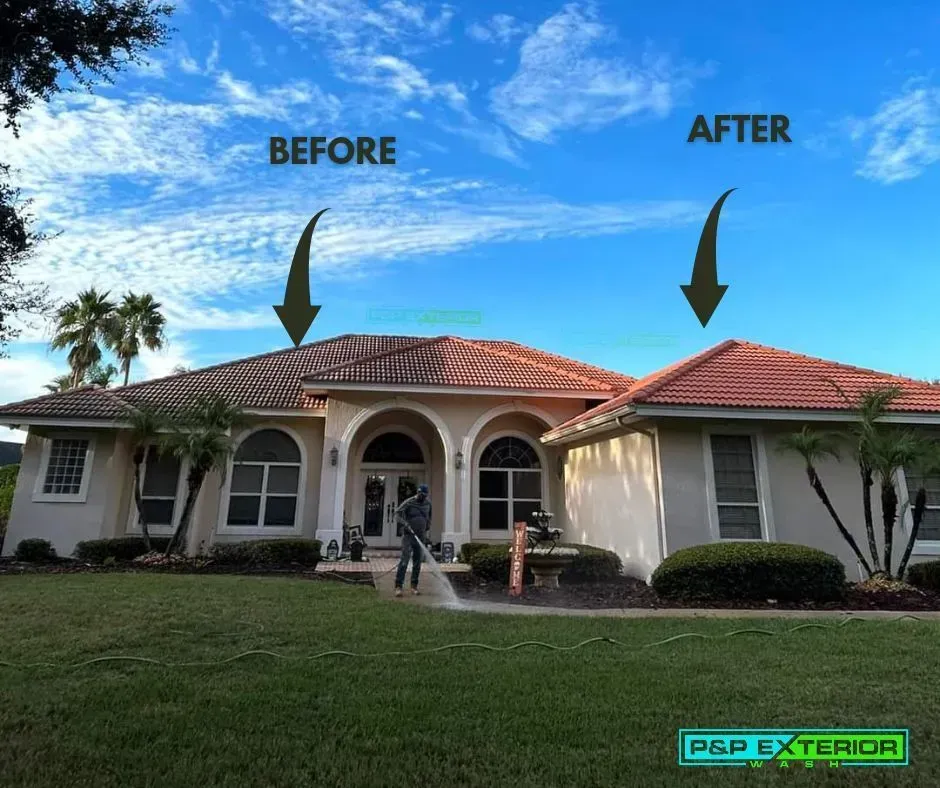 A before and after picture of a house with a red tile roof.