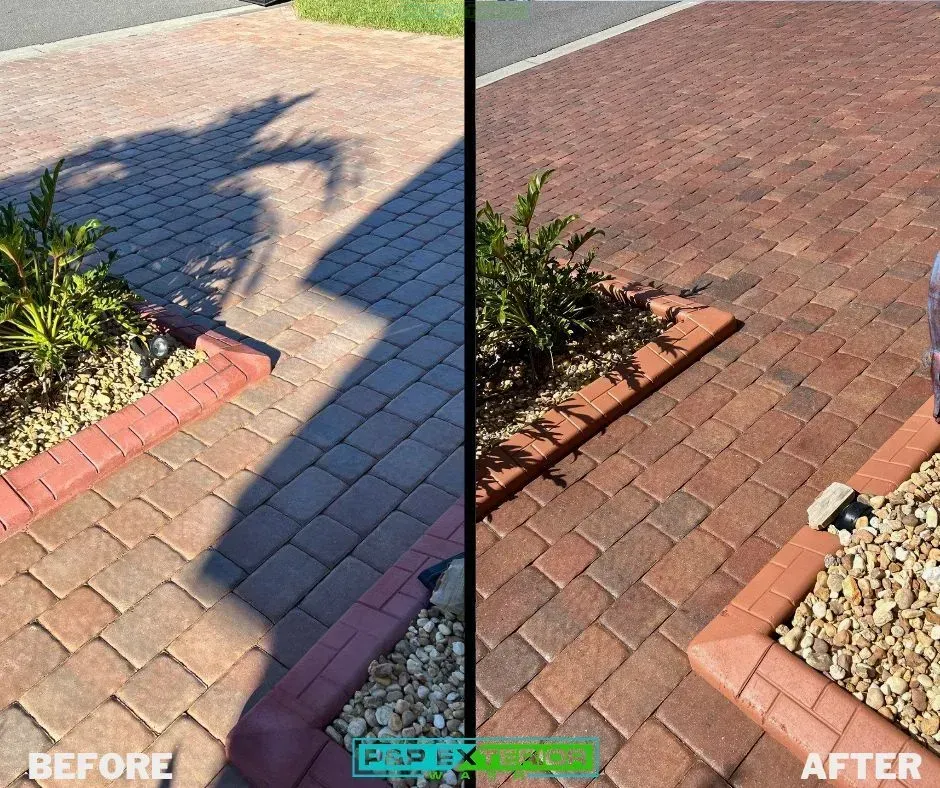 A before and after photo of a brick walkway