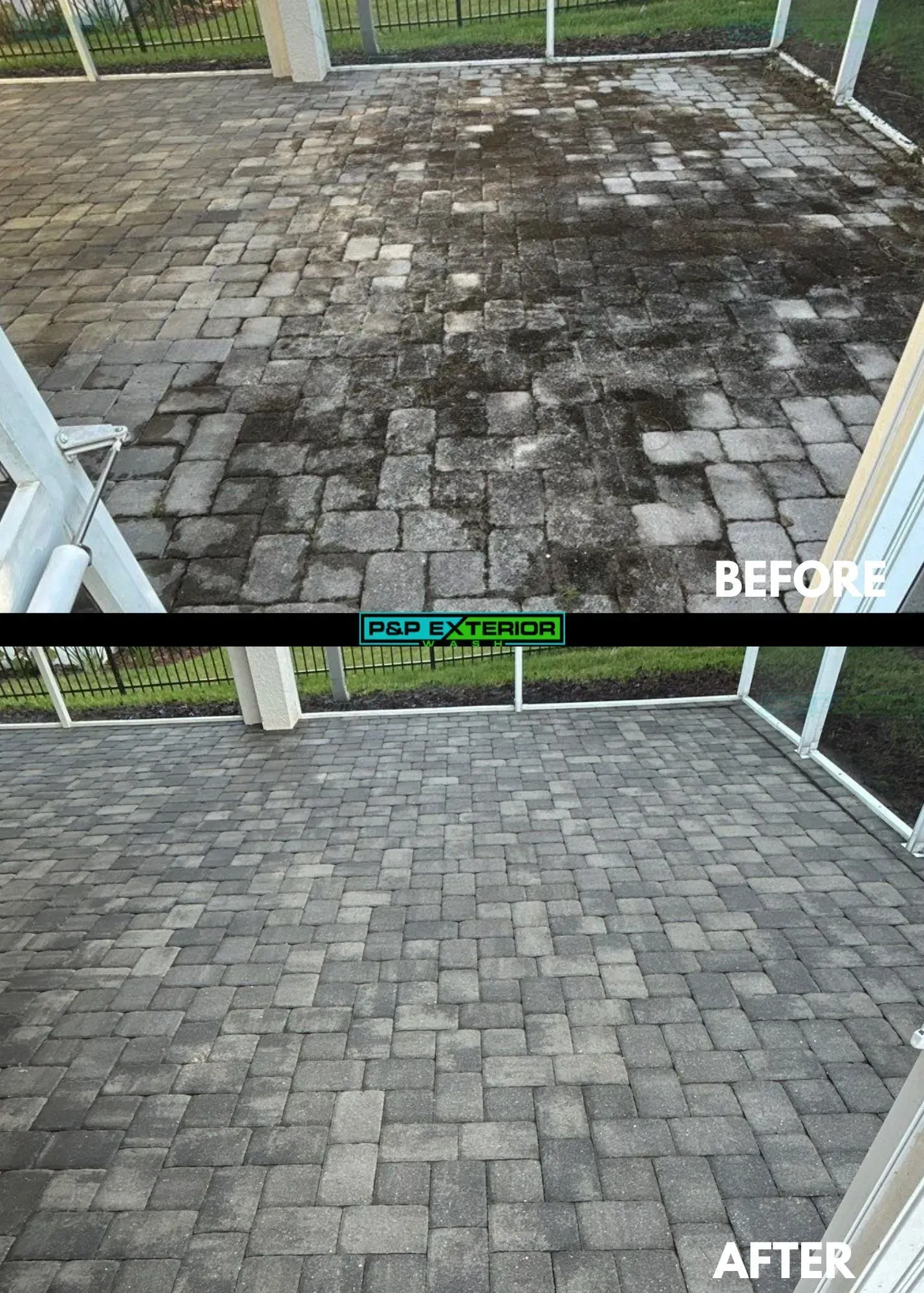 A before and after photo of a brick patio.