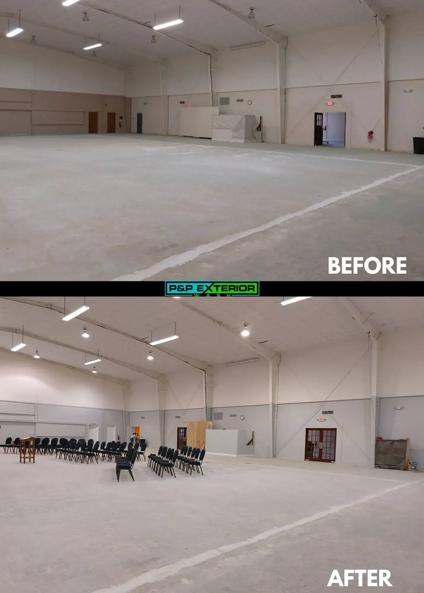 A before and after photo of an empty warehouse