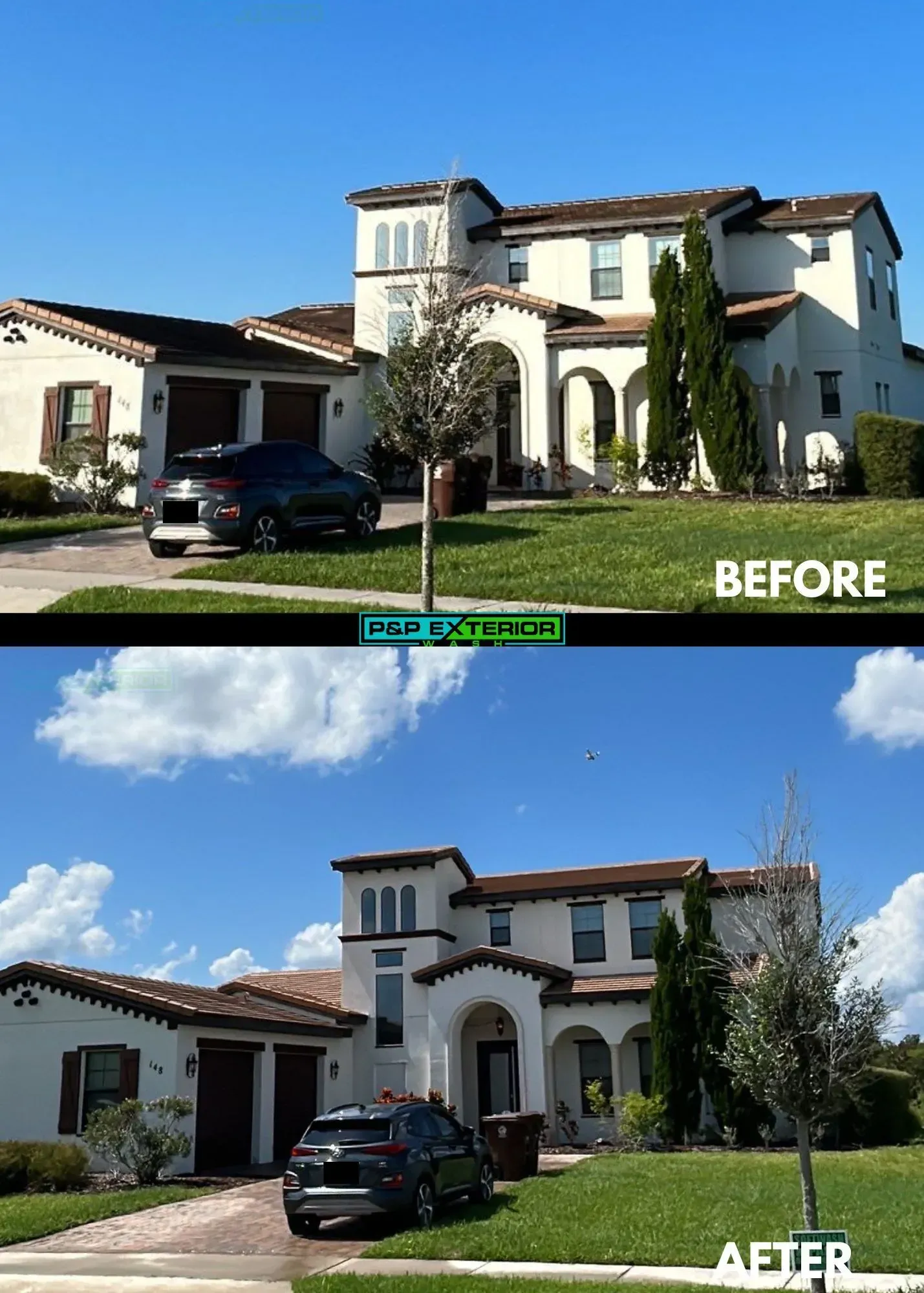 A before and after picture of a house with a car parked in front of it